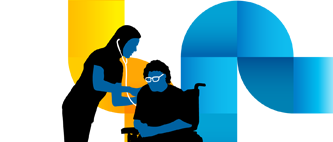 Colourful illustration of tiled paths in shaded blue, green, yellow and orange gradient squares over a dark blue background, with a health care professional with a stethoscope working with a patient in a wheelchair.