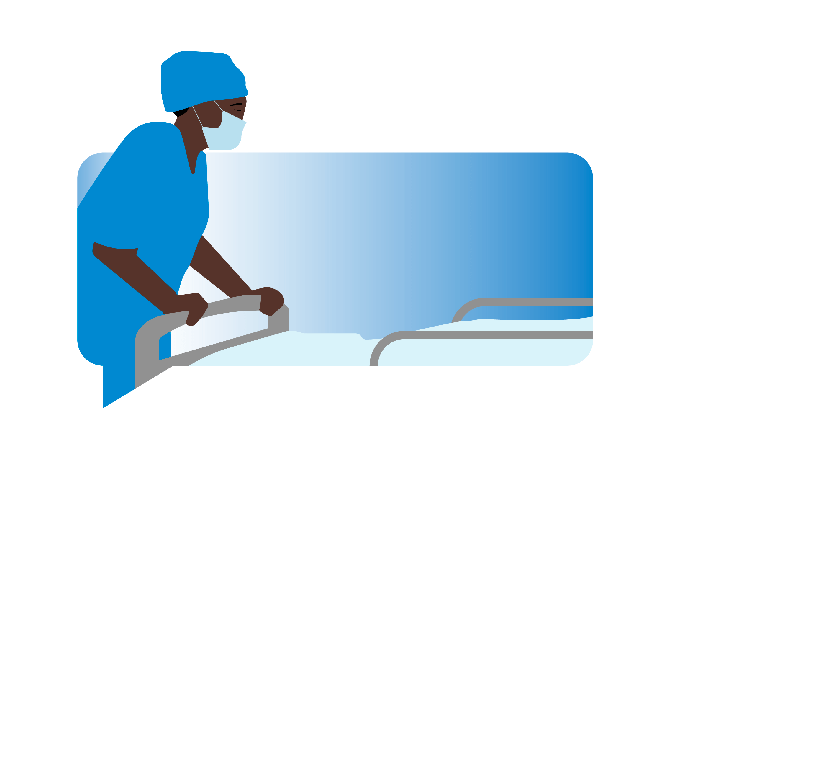 Illustration of two speech bubbles, each with different people inside them. Top: nurse wearing a mask pushing a hospital bed. Bottom: two people seated as if in a waiting room. One is wearing a neck brace; the other is frowning.