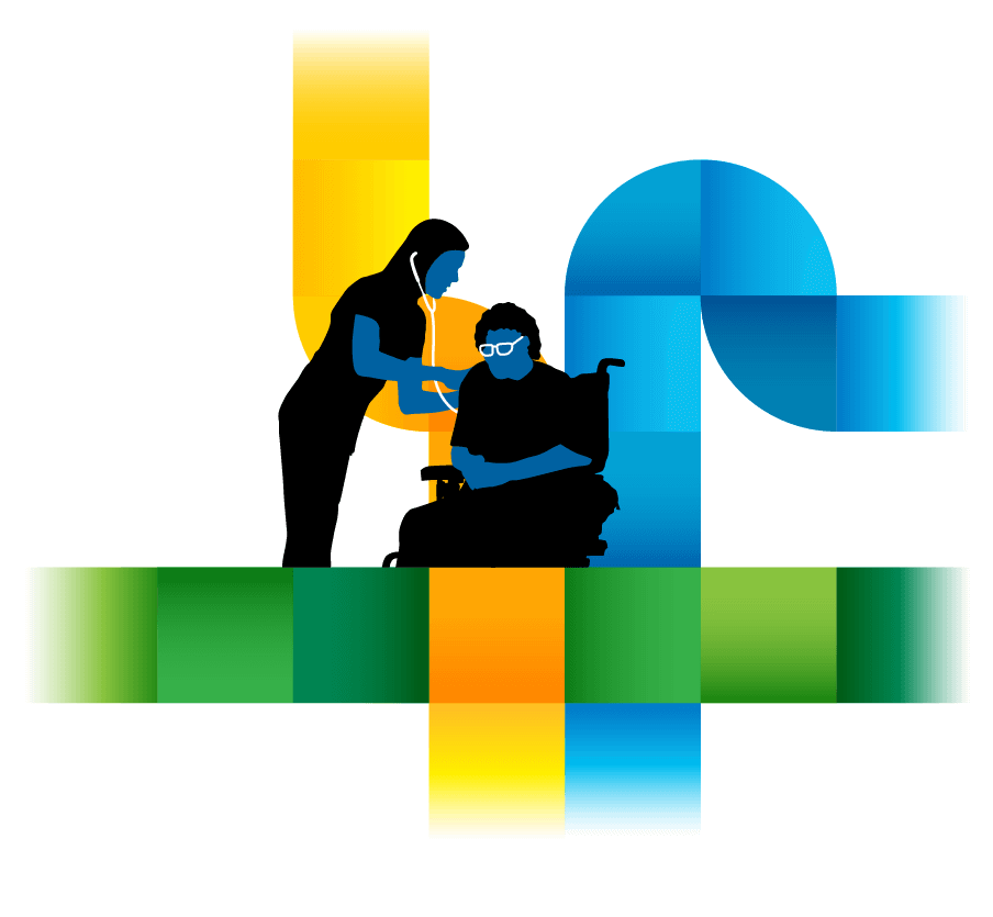 Colourful illustration of tiled paths in shaded blue, green, yellow and orange gradient squares over a dark blue background, with a healthcare professional with a stethoscope working with a patient in a wheelchair.