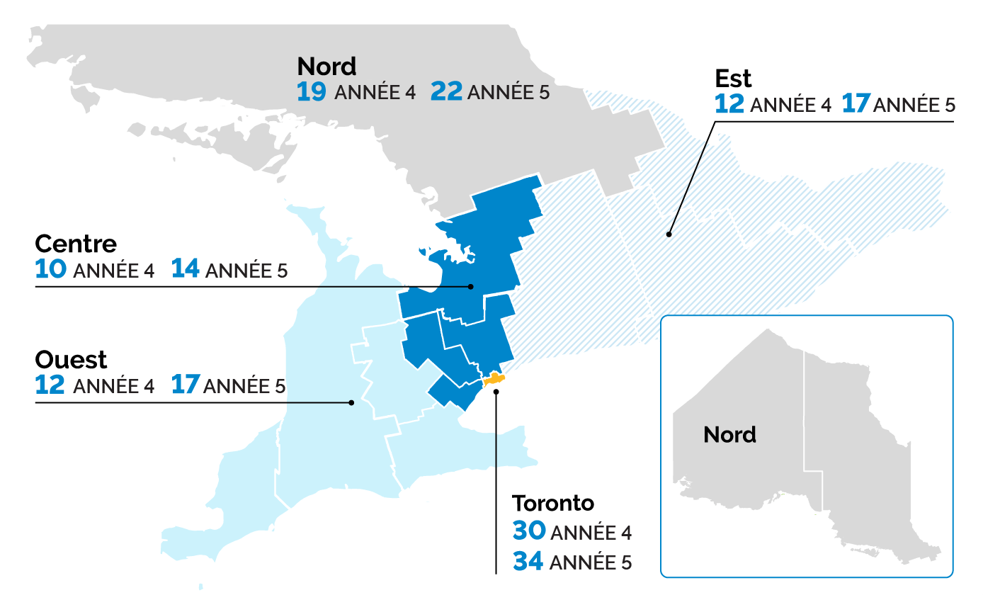 Carte de l’Ontario montrant le nombre de plaintes par région (Nord, Est, Ouest, Centre, Toronto). Le plus grand nombre de plaintes concernent Toronto.